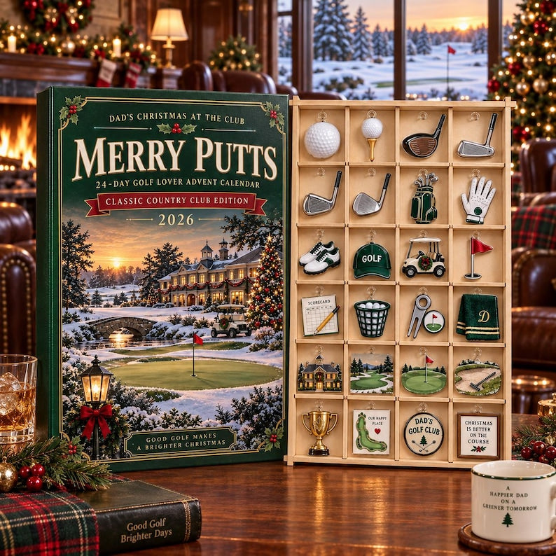 Golf Advent Calendar 2026, 24 Wooden or Acrylic Golf Charms with Display Tray, Christmas Gift for Dad, Golfer Husband Gift