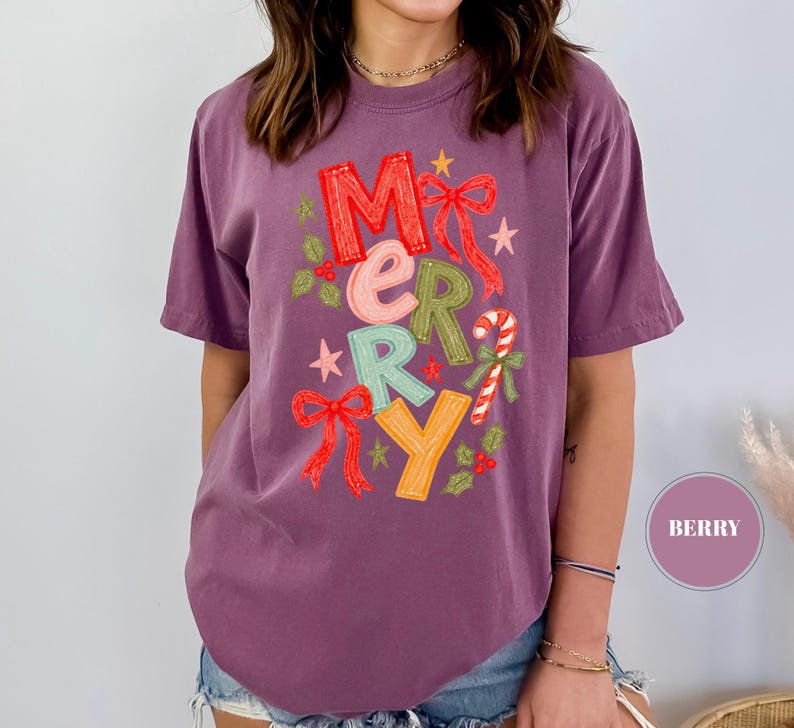 Merry Christmas Festive T-Shirt, Coquette Bow Holiday Tee, Comfort Colors Candy Cane Shirt, Trendy Xmas Gift