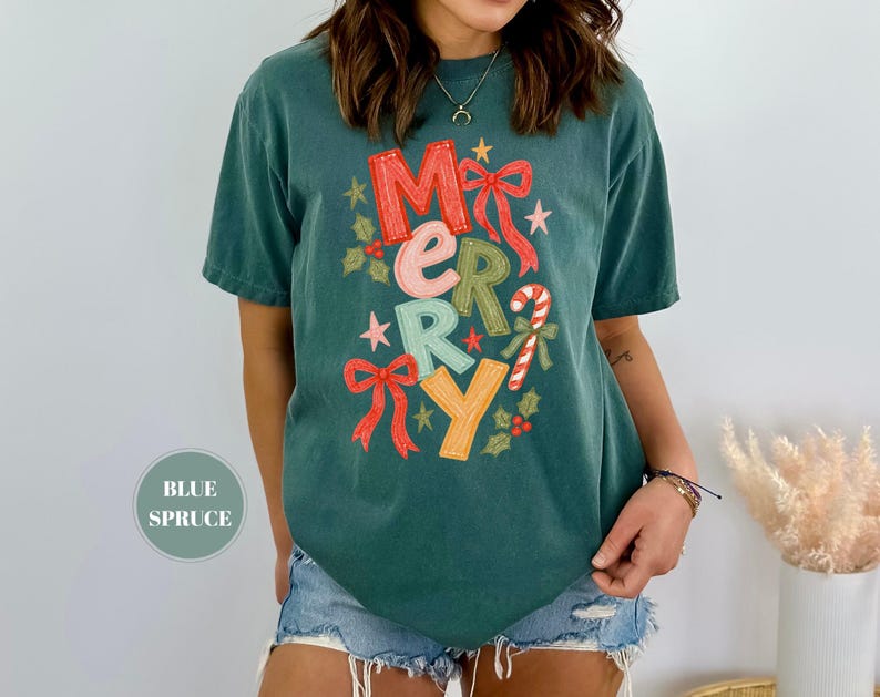 Merry Christmas Festive T-Shirt, Coquette Bow Holiday Tee, Comfort Colors Candy Cane Shirt, Trendy Xmas Gift