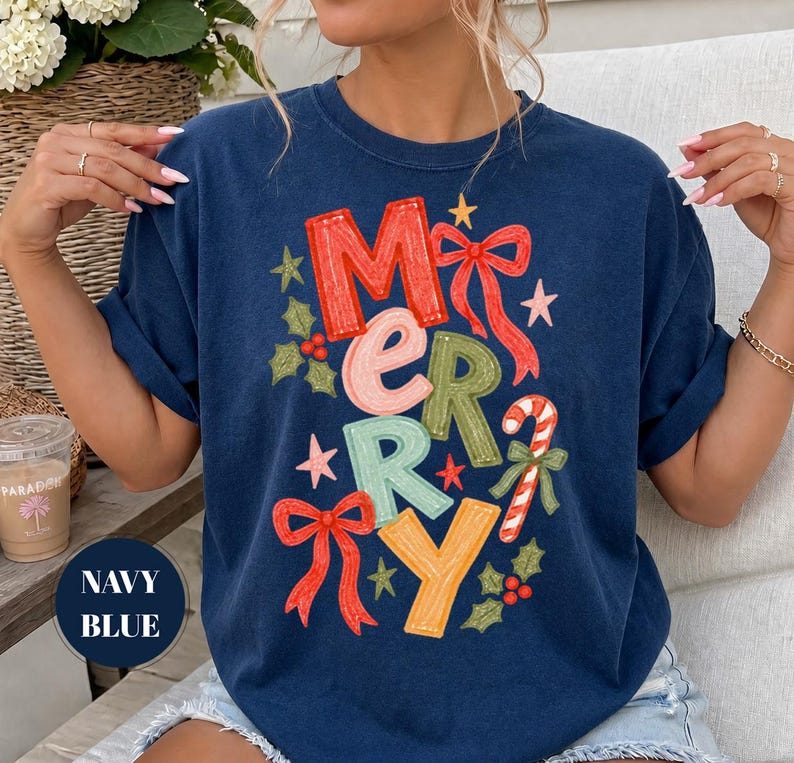 Merry Christmas Festive T-Shirt, Coquette Bow Holiday Tee, Comfort Colors Candy Cane Shirt, Trendy Xmas Gift