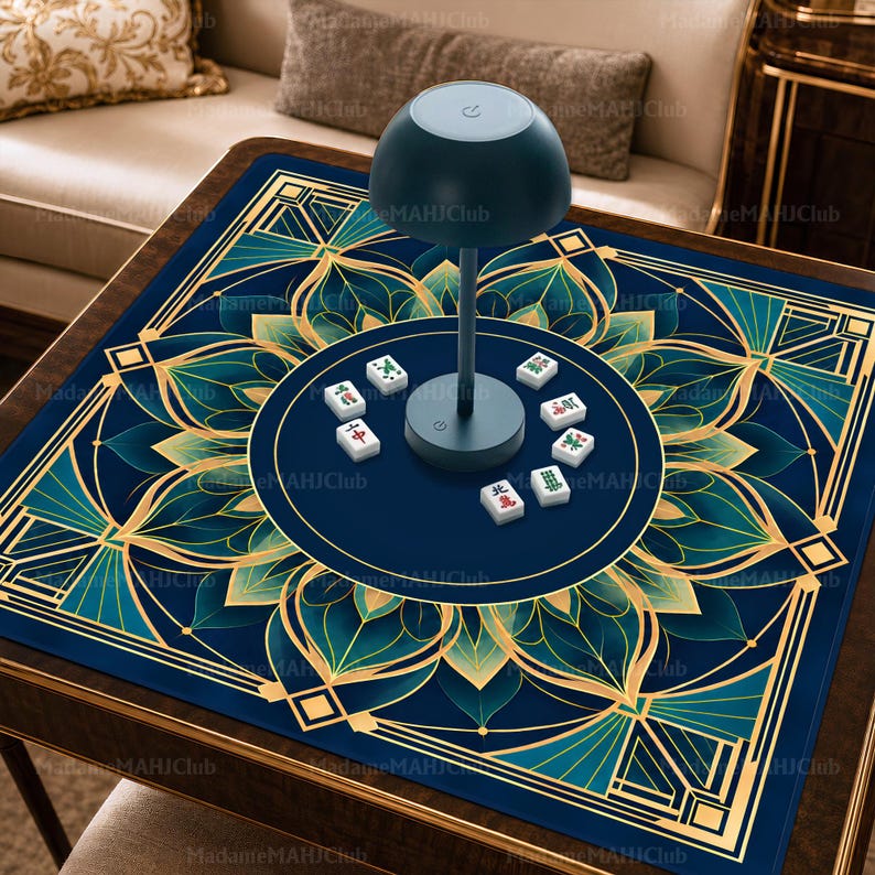 Art Deco Lotus Mahjong Mat, Luxury American Mahjong Game Mat, Navy Gold Geometric Floral Non Slip Table Cover