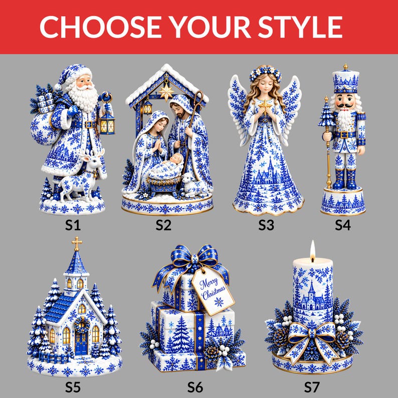 Blue Toile Christmas Acrylic Ornament, Chinoiserie Nativity Santa Angel Nutcracker Ornament, Blue White Christmas Tree Decor