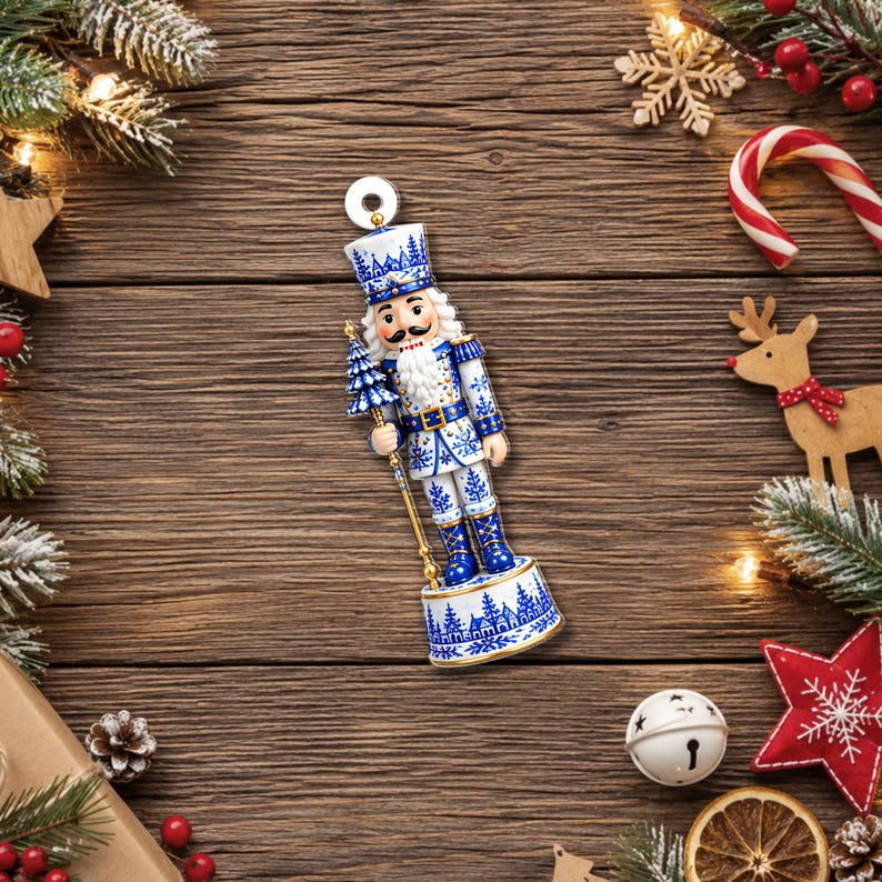Blue Toile Christmas Acrylic Ornament, Chinoiserie Nativity Santa Angel Nutcracker Ornament, Blue White Christmas Tree Decor