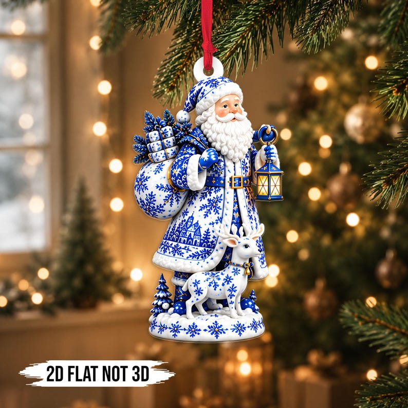 Blue Toile Christmas Acrylic Ornament, Chinoiserie Nativity Santa Angel Nutcracker Ornament, Blue White Christmas Tree Decor