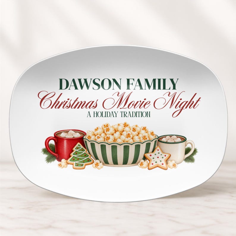 Personalized Christmas Movie Night Platter, Custom Family Christmas Gift, Holiday Serving Tray Snack Tray Popcorn Movie Gift