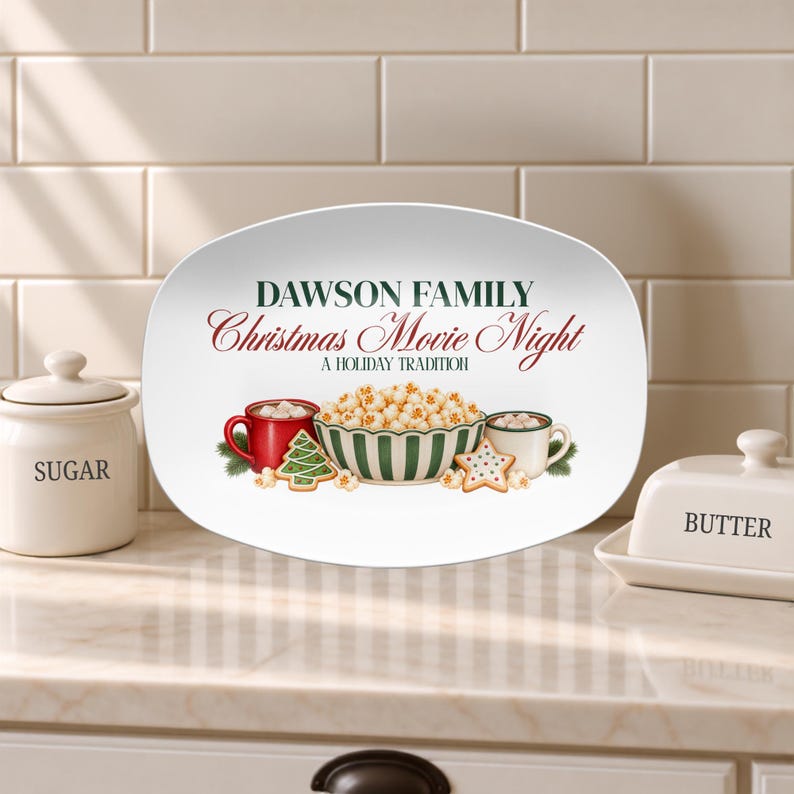 Personalized Christmas Movie Night Platter, Custom Family Christmas Gift, Holiday Serving Tray Snack Tray Popcorn Movie Gift