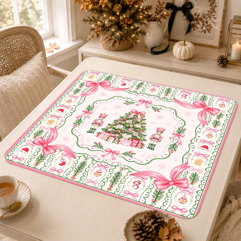 Personalized Pink Christmas Tree Mahjong Mat, Nutcracker Pink Bow Table Cover, Grandmillennial Table Mat Gift