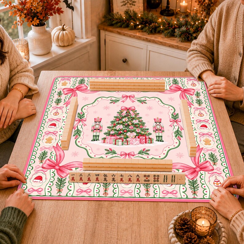 Personalized Pink Christmas Tree Mahjong Mat, Nutcracker Pink Bow Table Cover, Grandmillennial Table Mat Gift