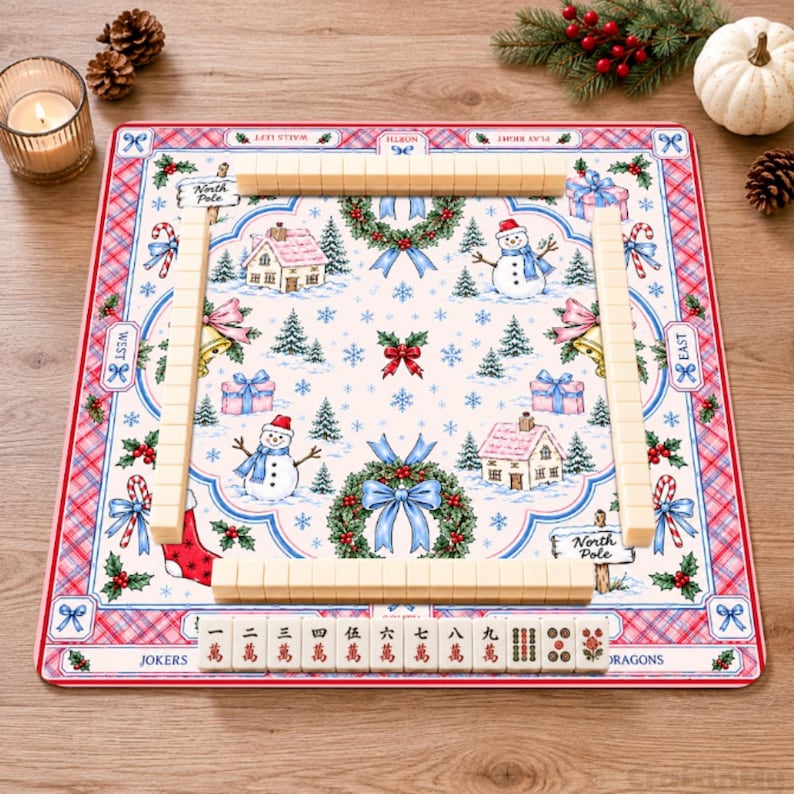 Personalized Snowman Mahjong Mat, Pink Plaid Non-Slip Table Cover, Christmas Winter Cabin Holiday Table Mat