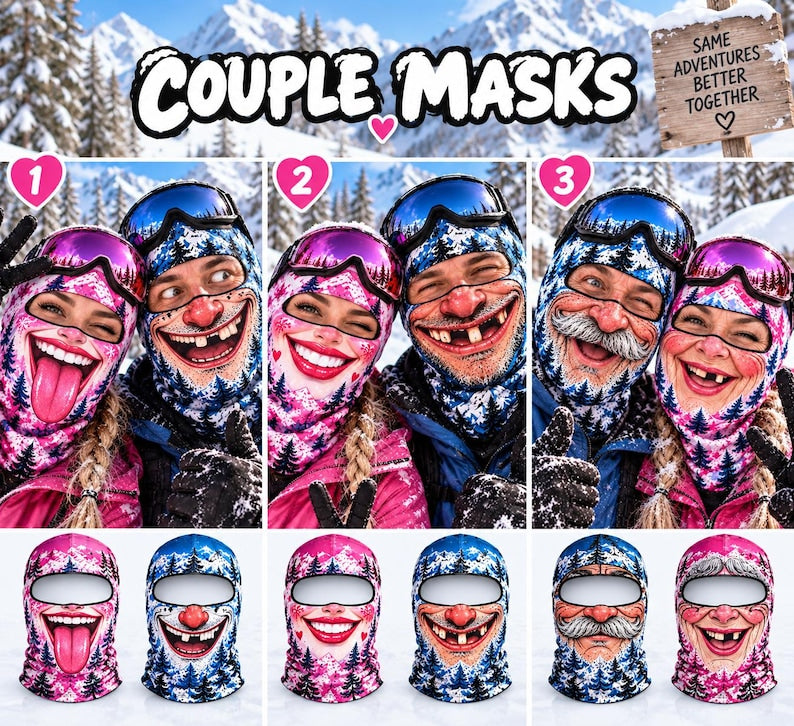 Funny Couple Ski Masks, Printed Face Balaclava Set, Winter Adventure Gift