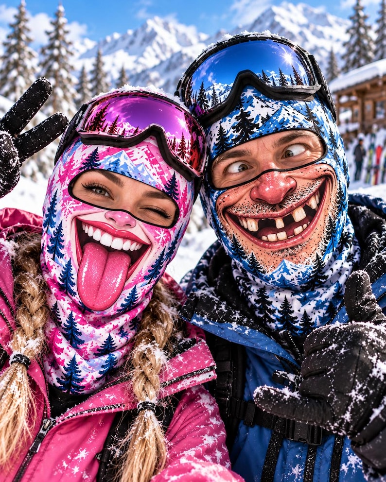 Funny Couple Ski Masks, Printed Face Balaclava Set, Winter Adventure Gift