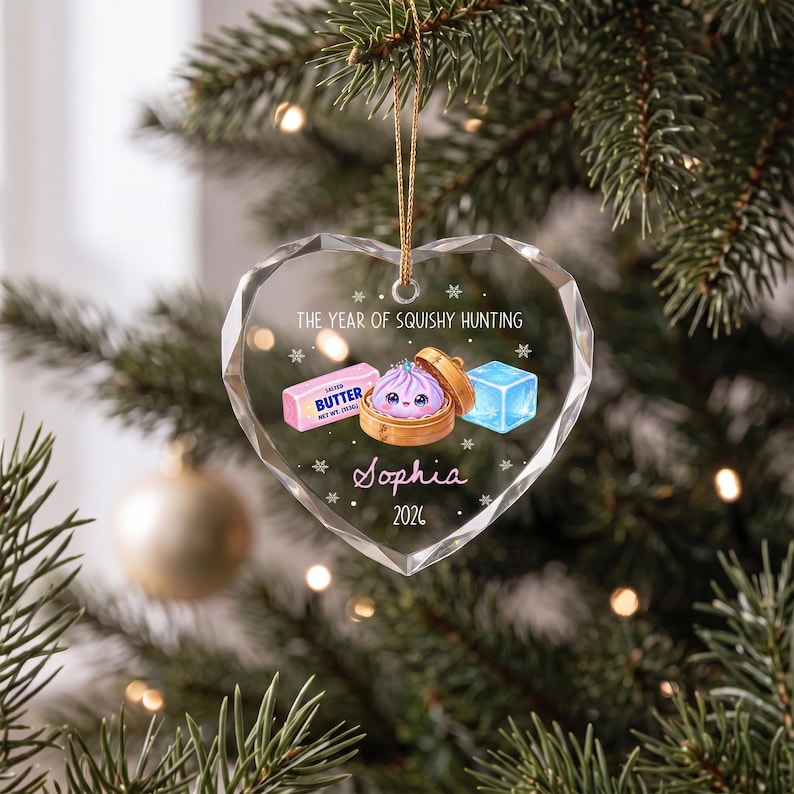 Personalized Year of Squishy Hunting Christmas Ornament, Custom Name Dumpling Squishy Crystal Glass Tree Decor