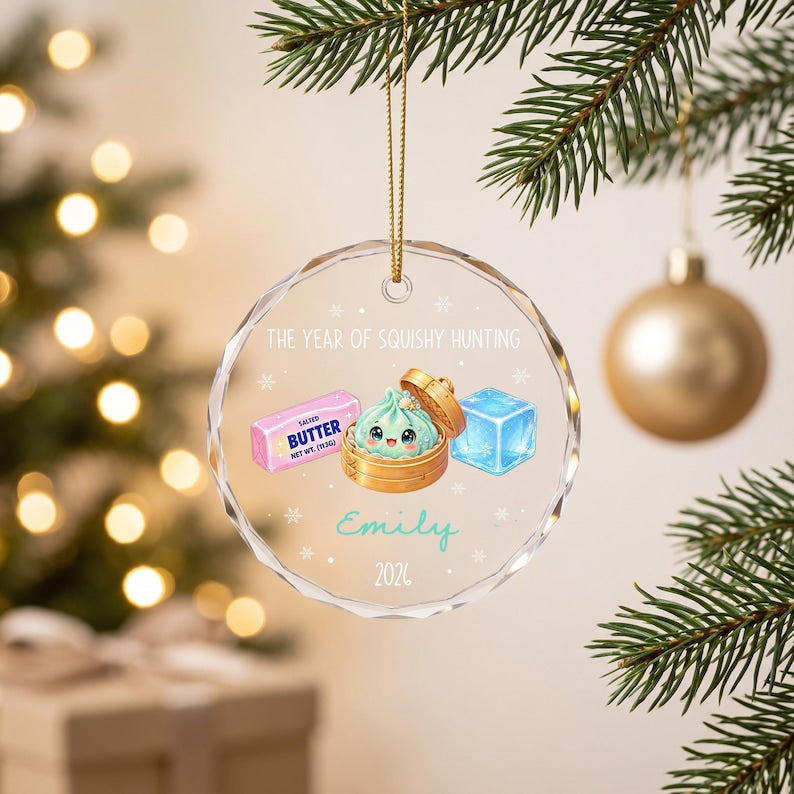 Personalized Year of Squishy Hunting Christmas Ornament, Custom Name Dumpling Squishy Crystal Glass Tree Decor