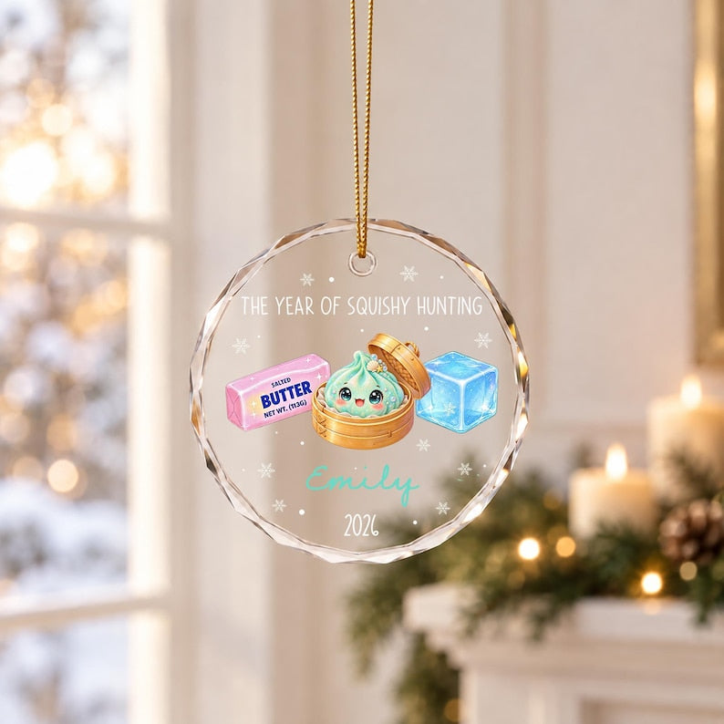 Personalized Year of Squishy Hunting Christmas Ornament, Custom Name Dumpling Squishy Crystal Glass Tree Decor