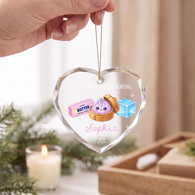 Personalized Year of Squishy Hunting Christmas Ornament, Custom Name Dumpling Squishy Crystal Glass Tree Decor