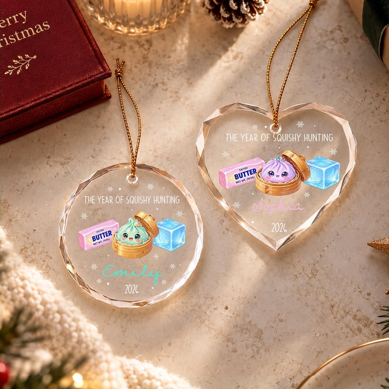 Personalized Year of Squishy Hunting Christmas Ornament, Custom Name Dumpling Squishy Crystal Glass Tree Decor