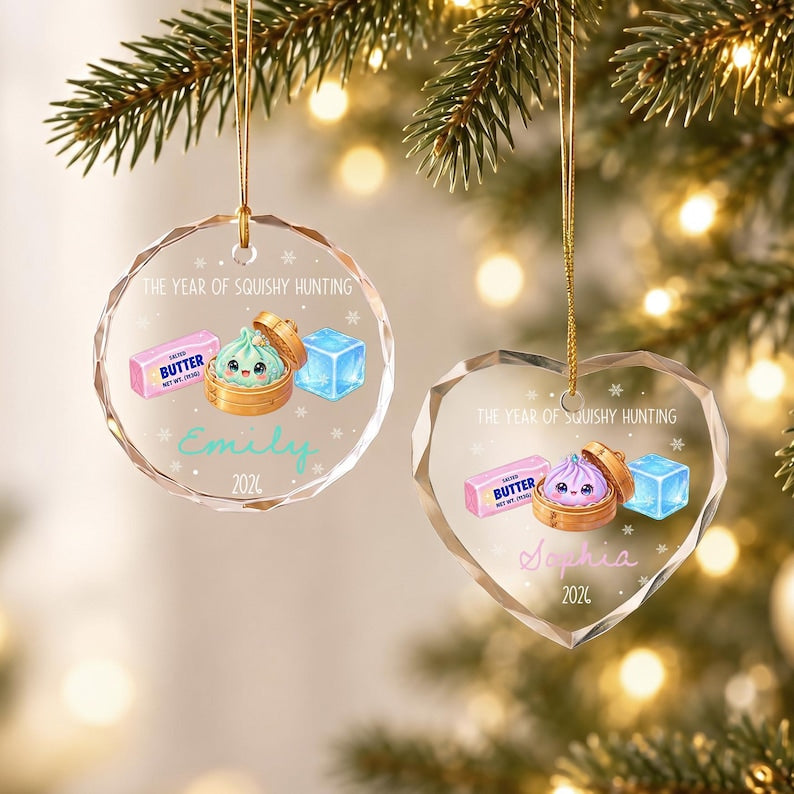 Personalized Year of Squishy Hunting Christmas Ornament, Custom Name Dumpling Squishy Crystal Glass Tree Decor