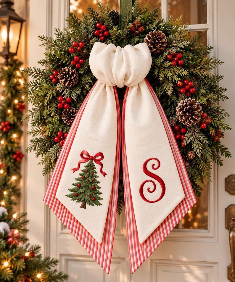 Personalized Christmas Tree Wreath Sash, Embroidered Wreath Bow, Monogram Christmas Door Decor
