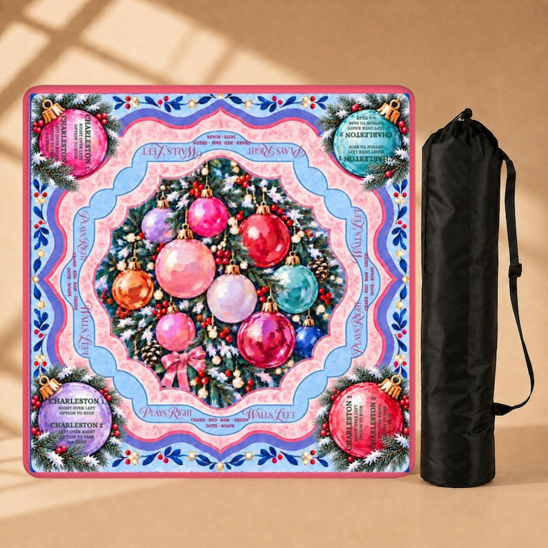 Jingle All the Way Christmas Mahjong Mat, Non Slip American Mahjong Table Cover, Pink Ornament Instructional Game Night Gift