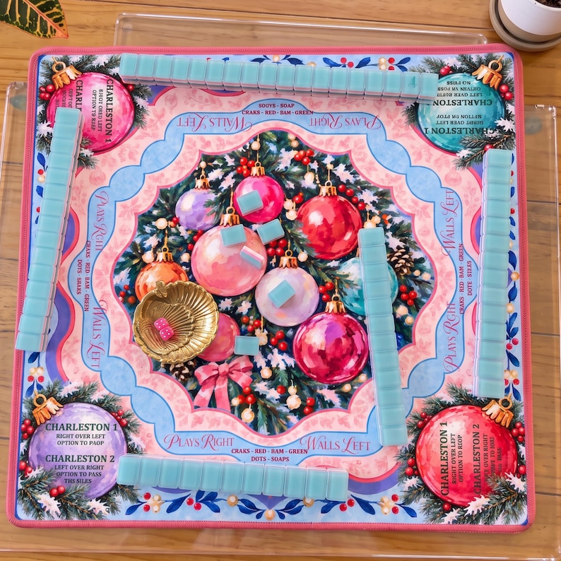Jingle All the Way Christmas Mahjong Mat, Non Slip American Mahjong Table Cover, Pink Ornament Instructional Game Night Gift