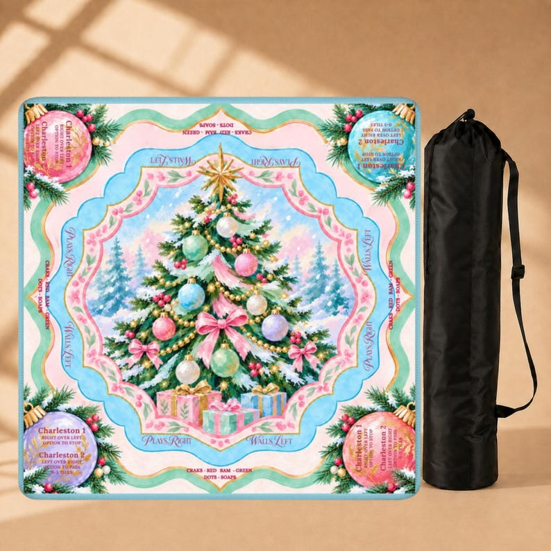Merry and Bright Christmas Tree Mahjong Mat, Non Slip American Mahjong Table Cover, Pink Blue Instructional Game Night Gift