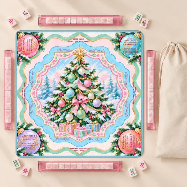 Merry and Bright Christmas Tree Mahjong Mat, Non Slip American Mahjong Table Cover, Pink Blue Instructional Game Night Gift