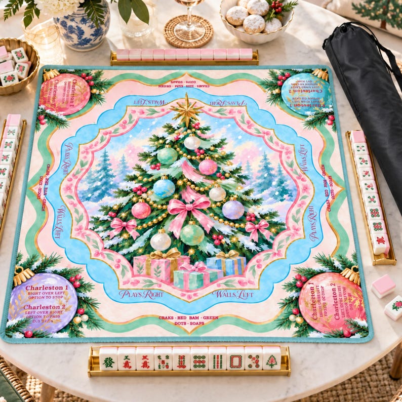 Merry and Bright Christmas Tree Mahjong Mat, Non Slip American Mahjong Table Cover, Pink Blue Instructional Game Night Gift