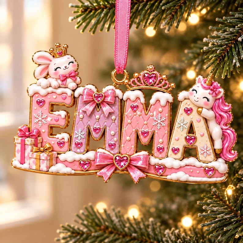 Personalized Princess Christmas Ornament, Custom Girl Name Acrylic Ornament, Pink Unicorn Bunny Keepsake Gift
