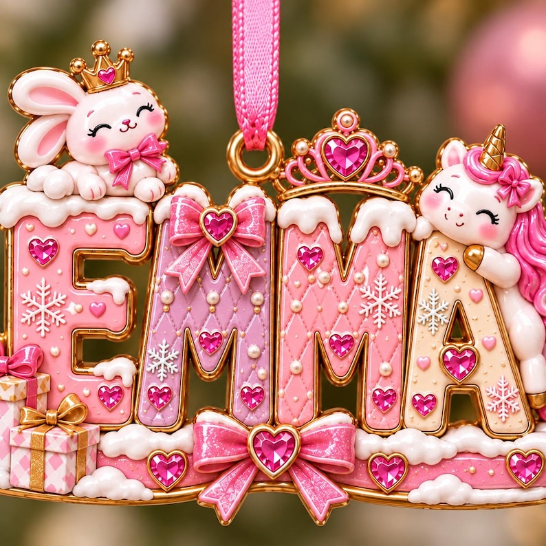 Personalized Princess Christmas Ornament, Custom Girl Name Acrylic Ornament, Pink Unicorn Bunny Keepsake Gift