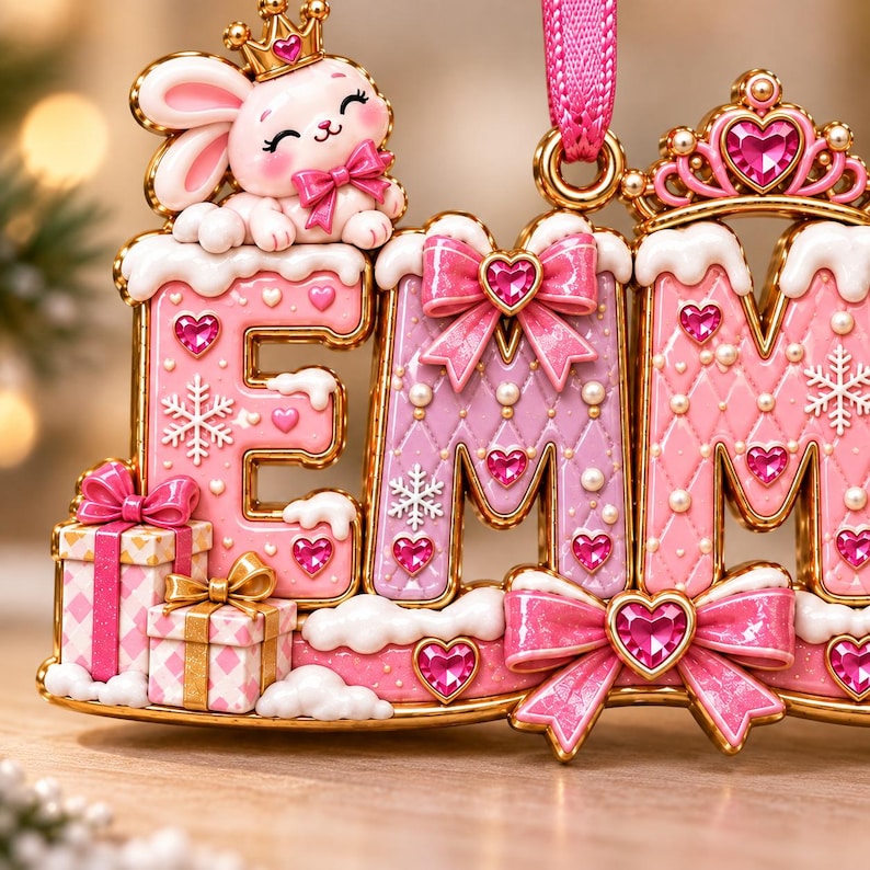 Personalized Princess Christmas Ornament, Custom Girl Name Acrylic Ornament, Pink Unicorn Bunny Keepsake Gift