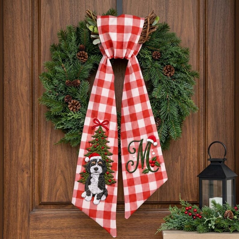Custom Embroidered Dog Portrait Christmas Wreath Sash, Personalized Pet Lover Newlywed Monogram Door Bow