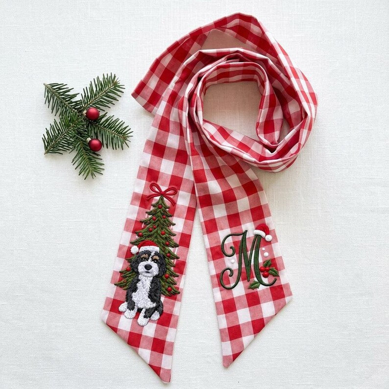 Custom Embroidered Dog Portrait Christmas Wreath Sash, Personalized Pet Lover Newlywed Monogram Door Bow