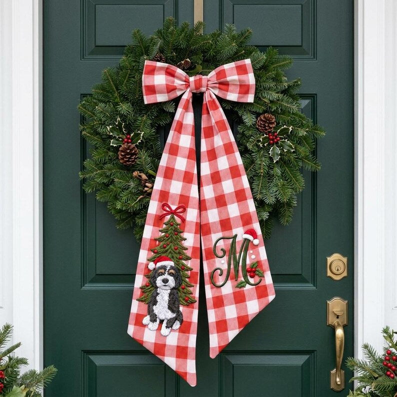 Custom Embroidered Dog Portrait Christmas Wreath Sash, Personalized Pet Lover Newlywed Monogram Door Bow
