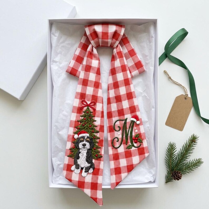 Custom Embroidered Dog Portrait Christmas Wreath Sash, Personalized Pet Lover Newlywed Monogram Door Bow