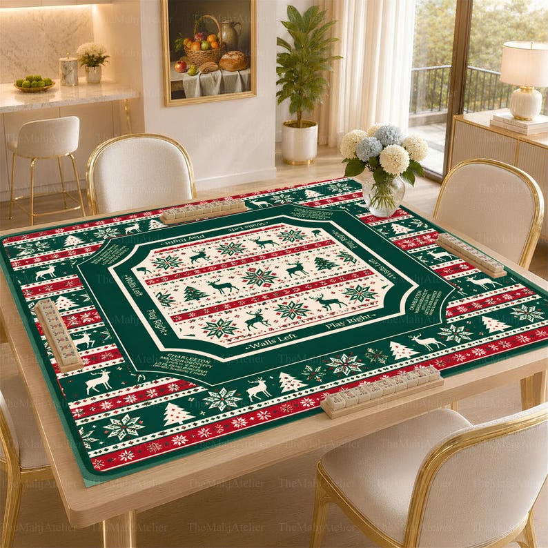Winter Reindeer Mahjong Mat, Scandinavian Christmas American Mahjong, Snowflake Holiday Game Mat