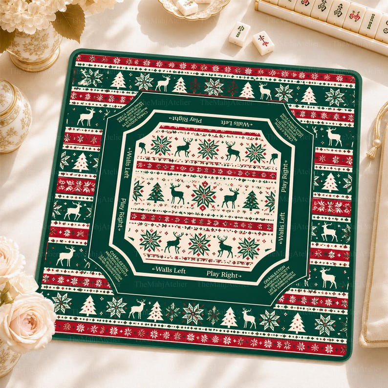 Winter Reindeer Mahjong Mat, Scandinavian Christmas American Mahjong, Snowflake Holiday Game Mat