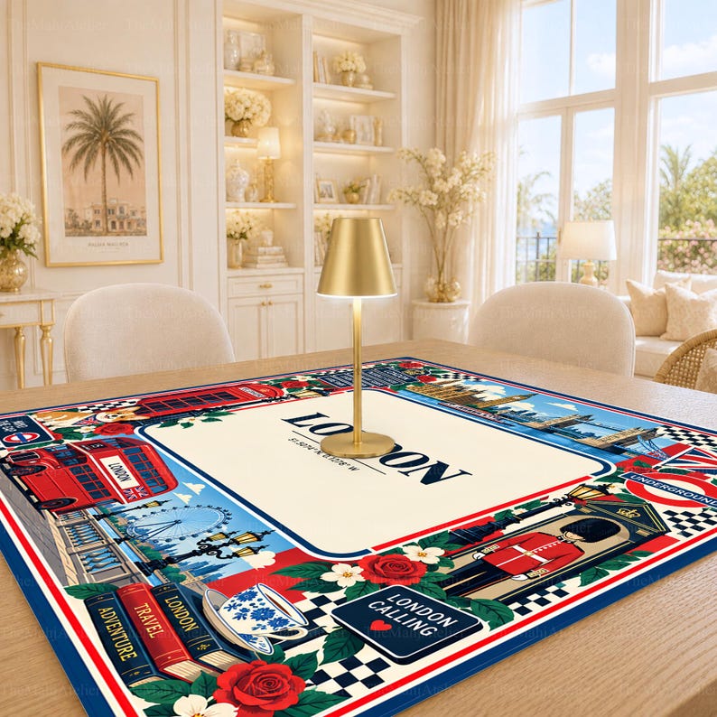 London City Mahjong Mat, British Travel American Mahjong Game Mat, Big Ben Red Bus Union Jack Table Cover