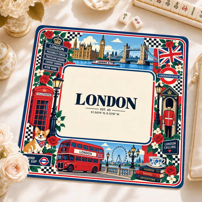 London City Mahjong Mat, British Travel American Mahjong Game Mat, Big Ben Red Bus Union Jack Table Cover