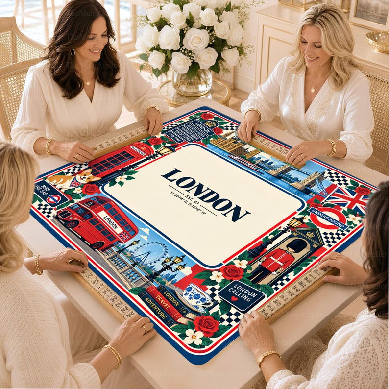 London City Mahjong Mat, British Travel American Mahjong Game Mat, Big Ben Red Bus Union Jack Table Cover