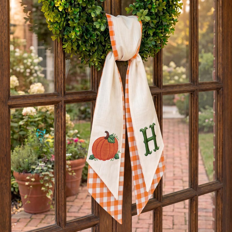 Custom Fall Pumpkin Wreath Sash with Monogram, Personalized Embroidered Autumn Bow