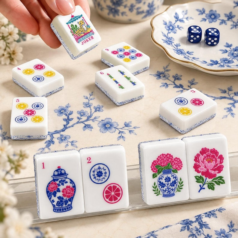 Porcelain Blue Hydrangea Mahjong Tiles Set, 160 Acrylic American Mahjong Tiles, Chinoiserie Game Night Gift