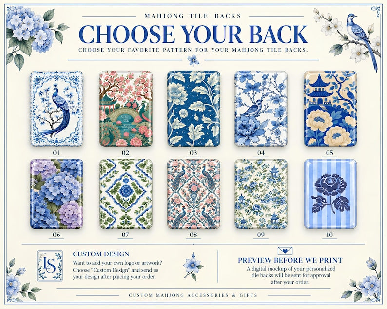 Porcelain Blue Hydrangea Mahjong Tiles Set, 160 Acrylic American Mahjong Tiles, Chinoiserie Game Night Gift