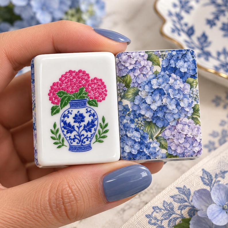 Porcelain Blue Hydrangea Mahjong Tiles Set, 160 Acrylic American Mahjong Tiles, Chinoiserie Game Night Gift