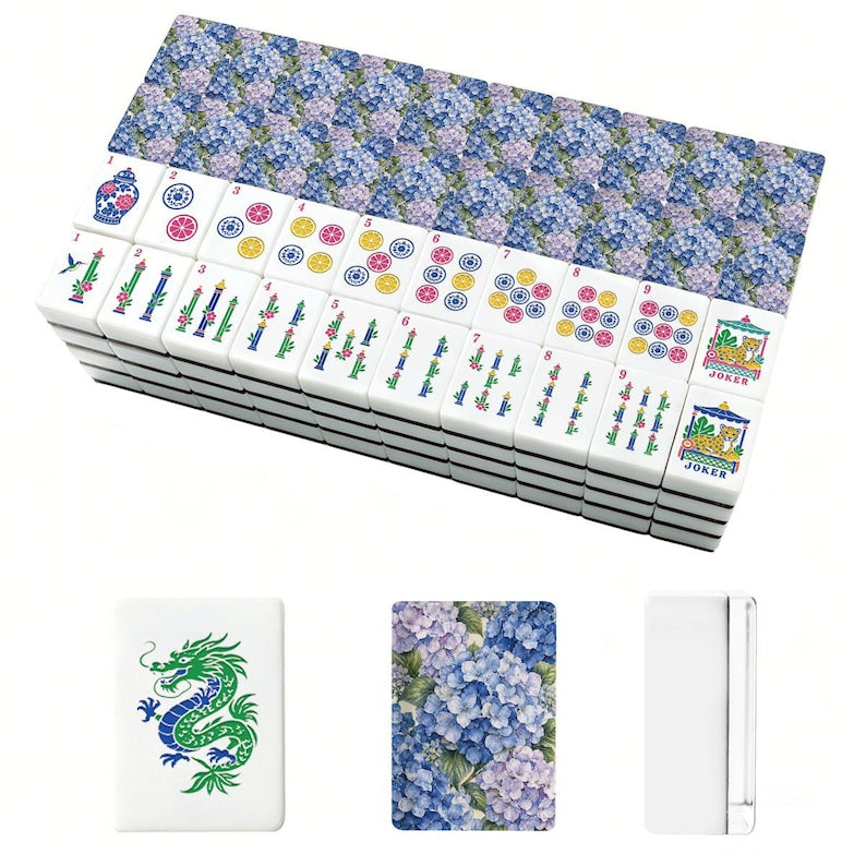 Porcelain Blue Hydrangea Mahjong Tiles Set, 160 Acrylic American Mahjong Tiles, Chinoiserie Game Night Gift