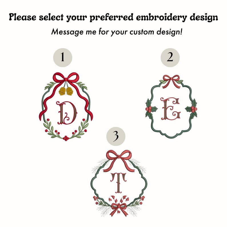 Embroidered Santa Monogram Wreath Sash, Sage Green Toile Door Hanger, Red Scalloped Ribbon Christmas Gift