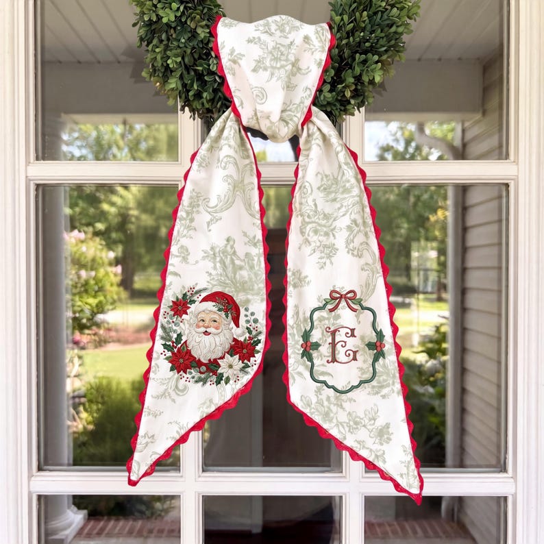 Embroidered Santa Monogram Wreath Sash, Sage Green Toile Door Hanger, Red Scalloped Ribbon Christmas Gift