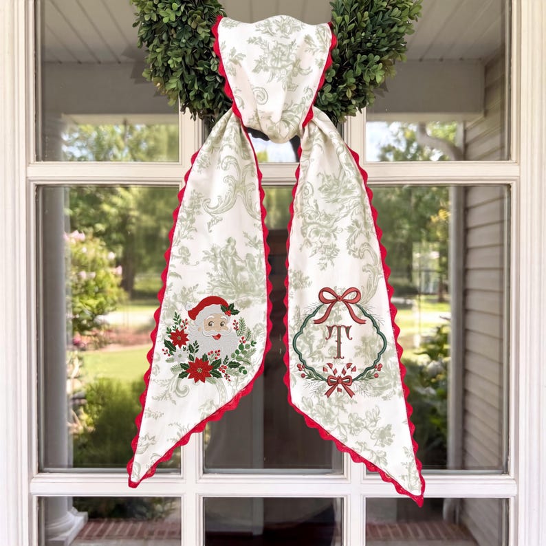 Embroidered Santa Monogram Wreath Sash, Sage Green Toile Door Hanger, Red Scalloped Ribbon Christmas Gift