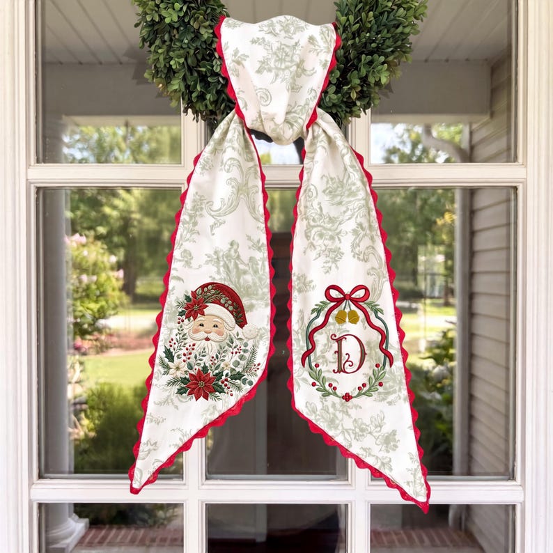 Embroidered Santa Monogram Wreath Sash, Sage Green Toile Door Hanger, Red Scalloped Ribbon Christmas Gift