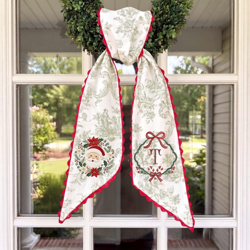 Embroidered Santa Monogram Wreath Sash, Sage Green Toile Door Hanger, Red Scalloped Ribbon Christmas Gift