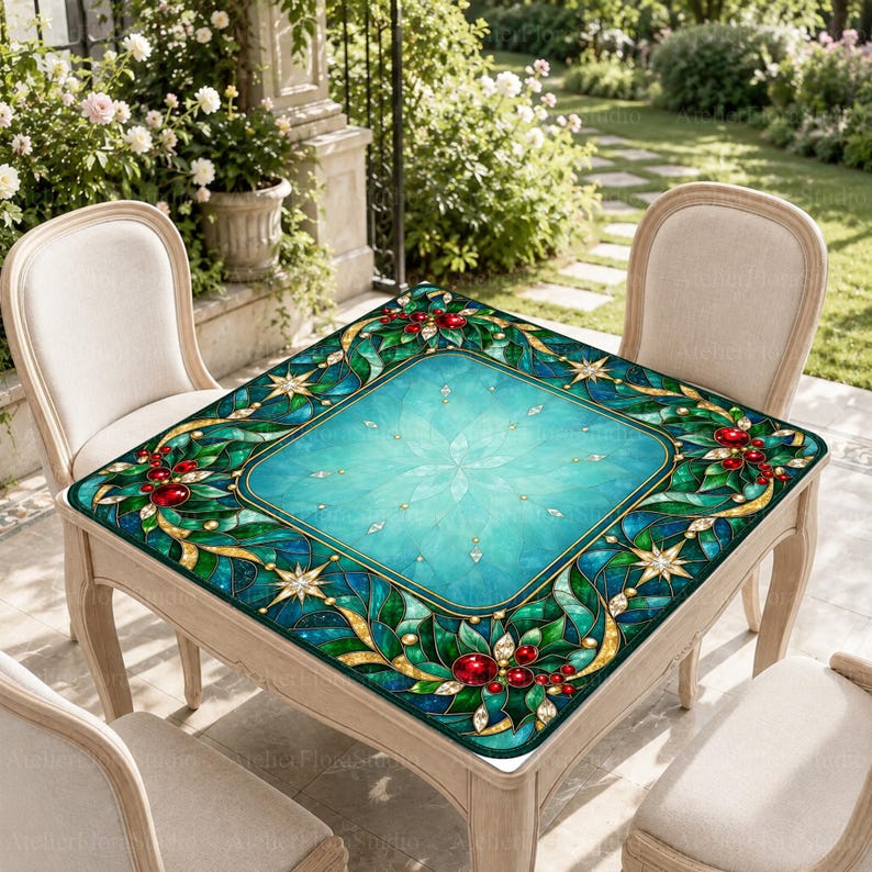 Teal Christmas Mahjong Mat, Holly Berry Non-Slip Noise Reducing Table Cover, Winter Holiday Table Mat